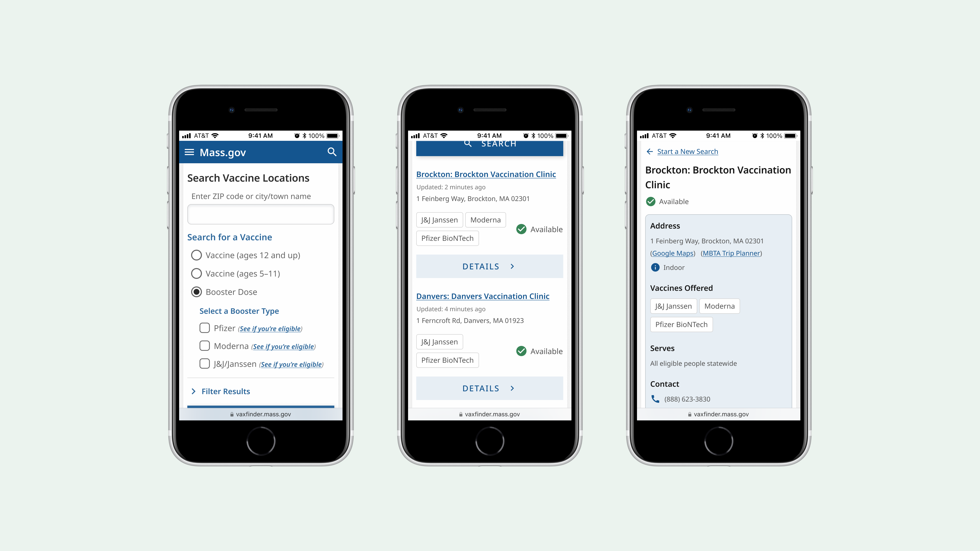 Screenshots of the Vaxfinder website on mobile